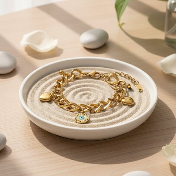 Double Chain 18K Gold Plated Stainless Steel Bracelet with Heart Evil Eye - Picture 7 of 12